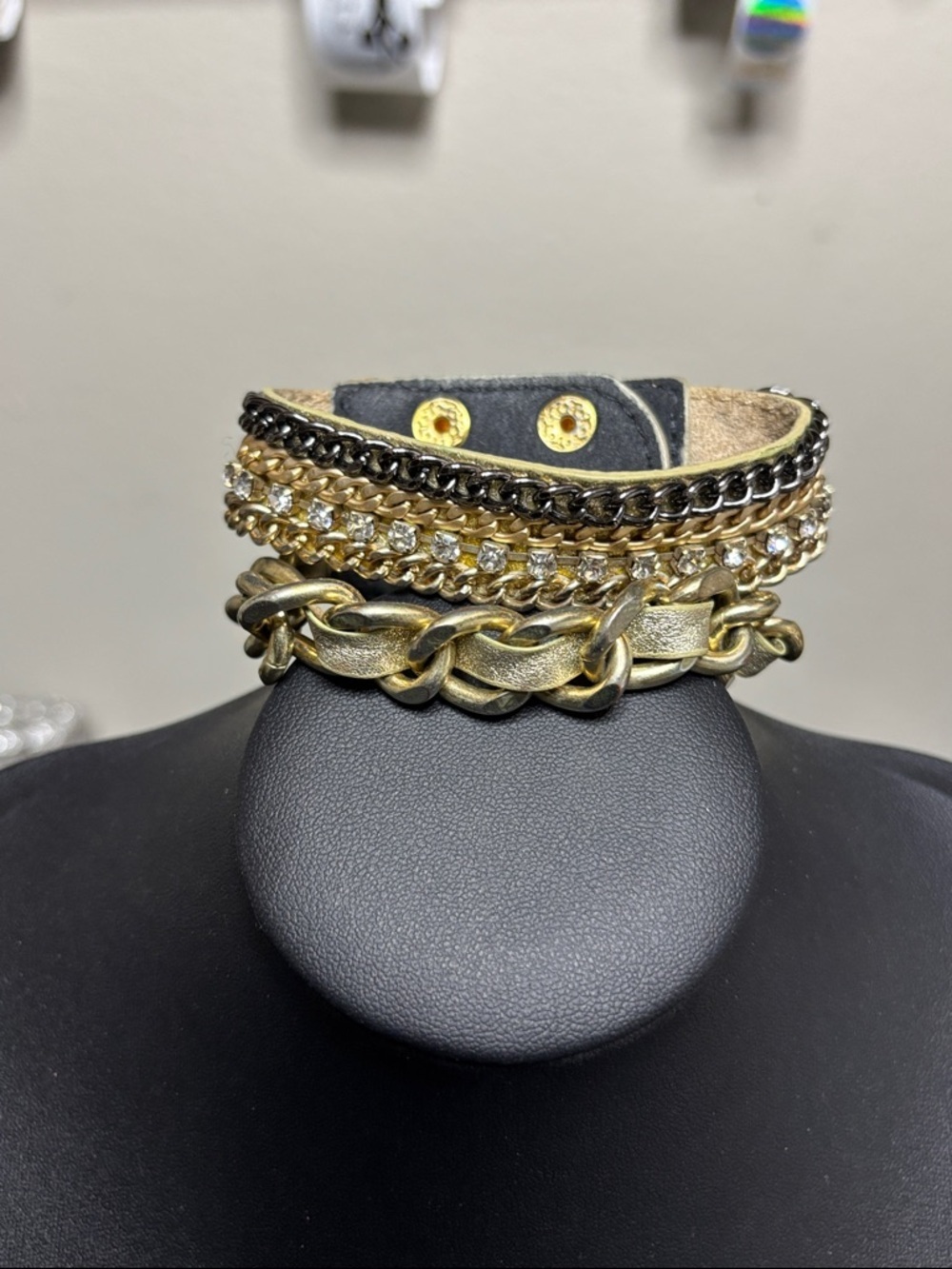 Multi Strand Chain Rhinestone Edgy Gold Tone Leather Bracelet